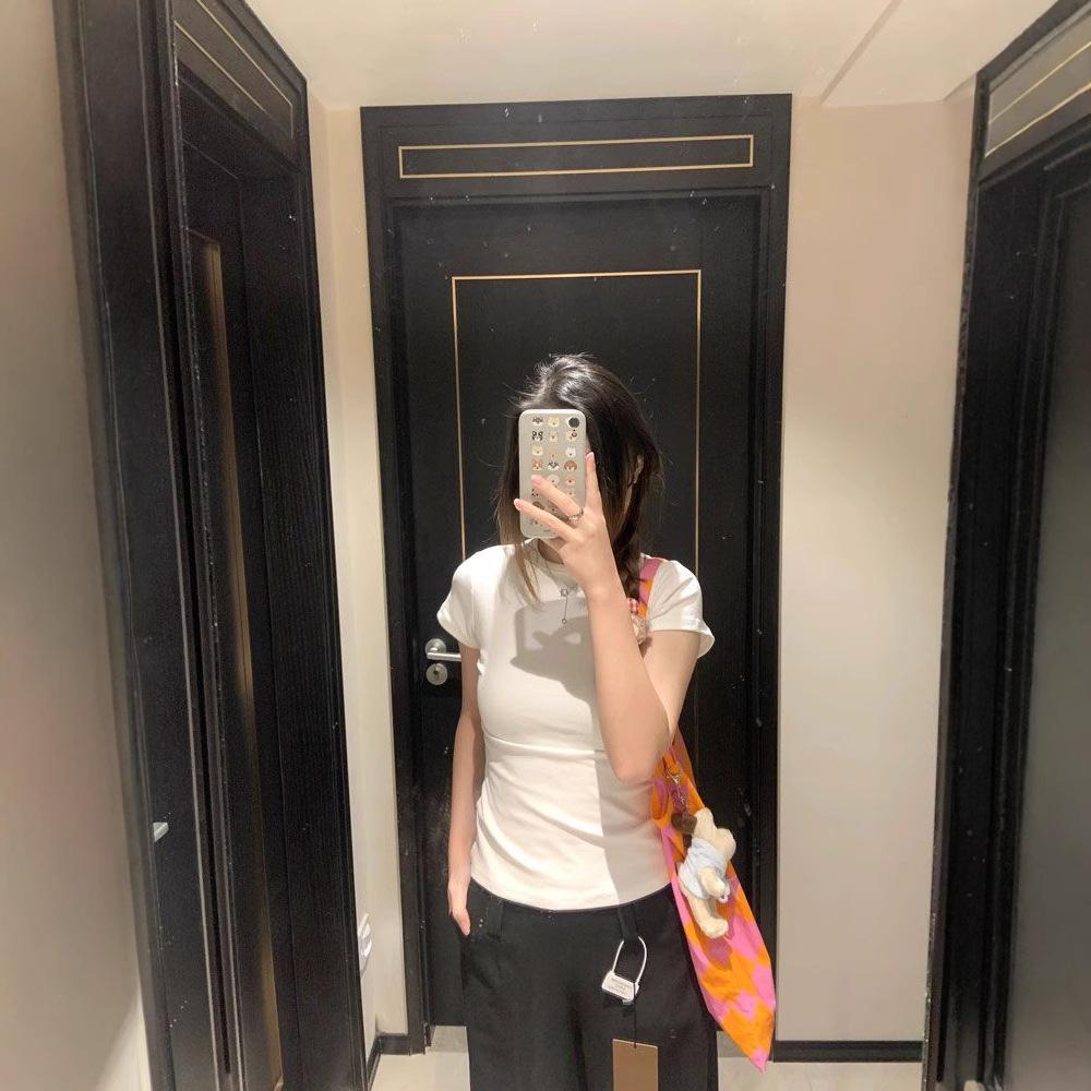 Women's 2024 American Black Slim Fit Short Sleeve T-Shirt - Solid Color, Elastic, Summer Style