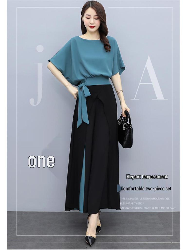 2022 Summer Chiffon Wide-Leg Pants Set: Elegant Goddess Style Two-Piece for Women - Fashionable, Drapey, Slimming.