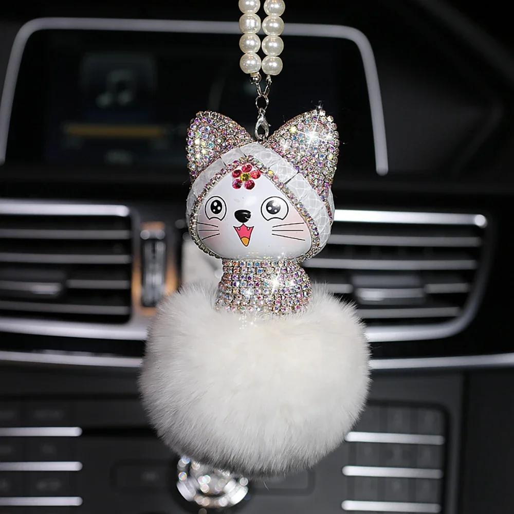 Cute Car Pendant Lovely Lucky Cat Rhinestone Chinese Style Cartoon Plush Fur Ball Decoration Hanging Ornaments Auto Accessories