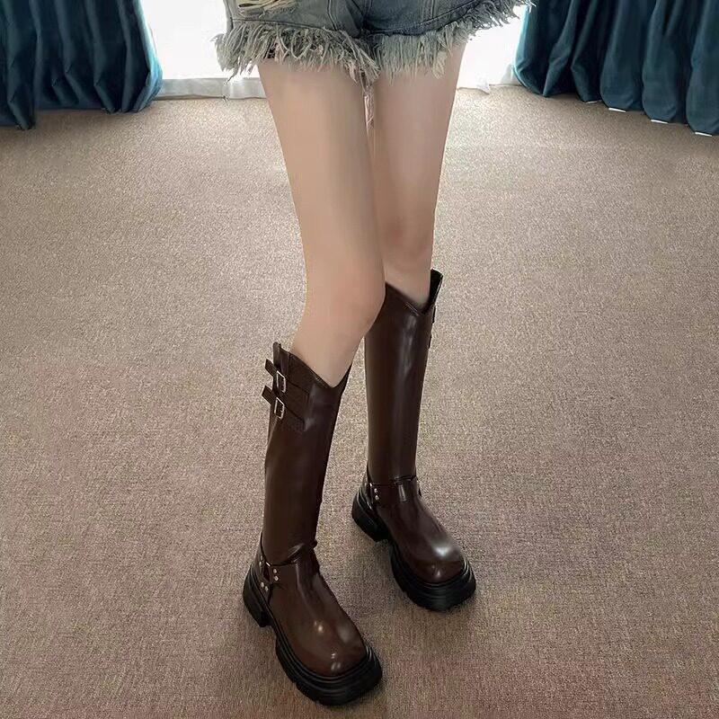 Brown Western Cowboy Boots Women's But Knee Boots Metal Belt Buckle Thick Heel Thick Bottom Tall Knight Single Boots