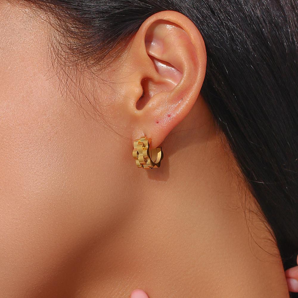Punk Stainless Steel Strap Textured CC Earrings Cool Gold and Silver Mixed Color 18K Gold Plated Waterproof Earrings for Women