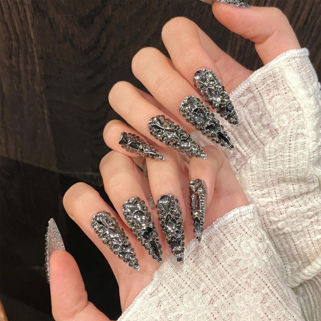 Full Rhinestone Decor Resin Nail Extension Chip-Proof Smudge-Proof Fake Nails for Women and Girl Nail Salon