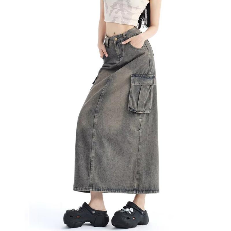 Women's Denim Cargo Skirt with Pocket High Waist Slit Retro Midi Skirt Y2K Clothing Casual Fashion All-match Spring Summer
