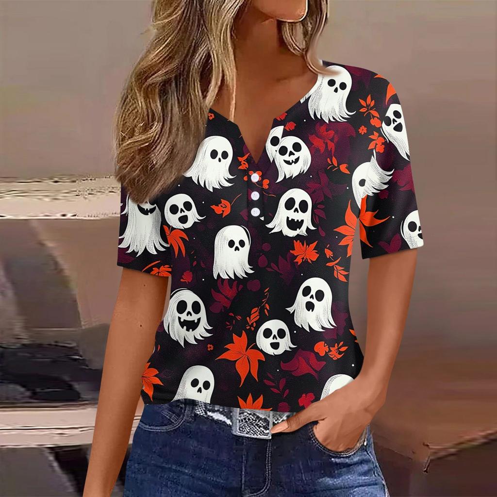Damen T-Shirt Halloween Bedruckt Knopf Kurzarm Tunika Täglich Wochenende Mode Basic V-Ausschnitt Reguläres Oberteil