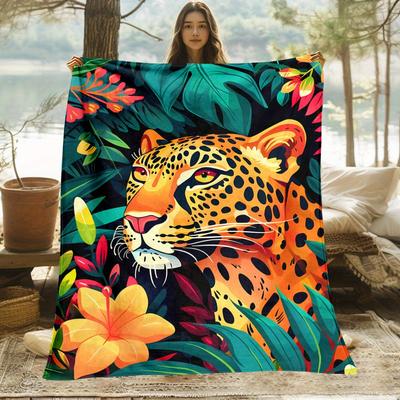 Cozy Cartoon Leopard Print Flannel Throw Blanket Lightweight Soft Warm for Couch Bed Travel Camping Available In Sizes