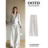 Womens 2-Piece Casual Set Fall 2026 Korean Style Hooded Cropped Sweatshirt Wide Leg Pants Gray Mix