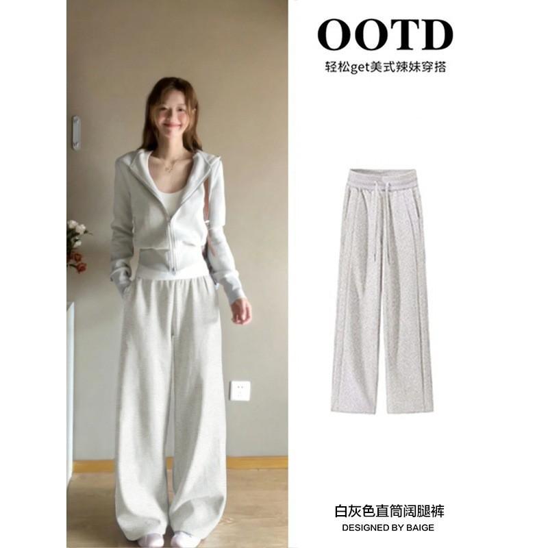 Womens 2-Piece Casual Set Fall 2026 Korean Style Hooded Cropped Sweatshirt Wide Leg Pants Gray Mix