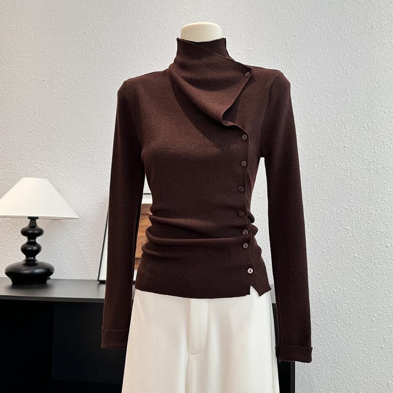 Korean Style High Neck Asymmetrical Long Sleeve Knitwear - Autumn Women's Slimming Sweater Top