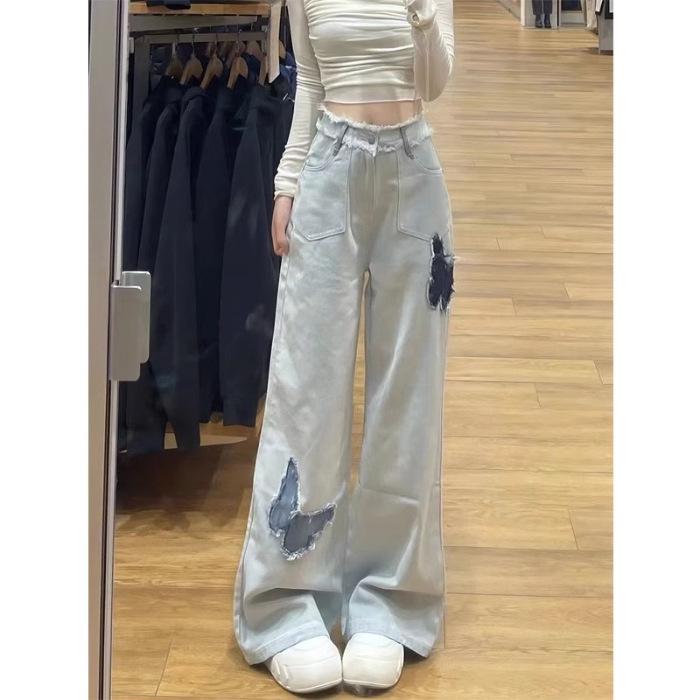 

High-Waist Retro Butterfly Embroidery Straight-Leg Jeans for Women - Autumn New Arrival Wide-Leg Pants M светло-синий