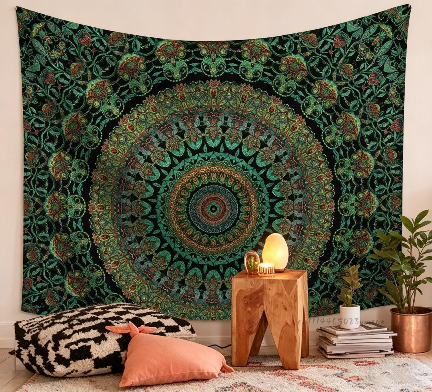 Grünes Feuer Mandala Wandteppich Helle Farbe Trippy Hippie Boho Kreis Psychedelisch Fraktal Heimzimmer Dekoration Wandteppich Fahnen 100X70CM