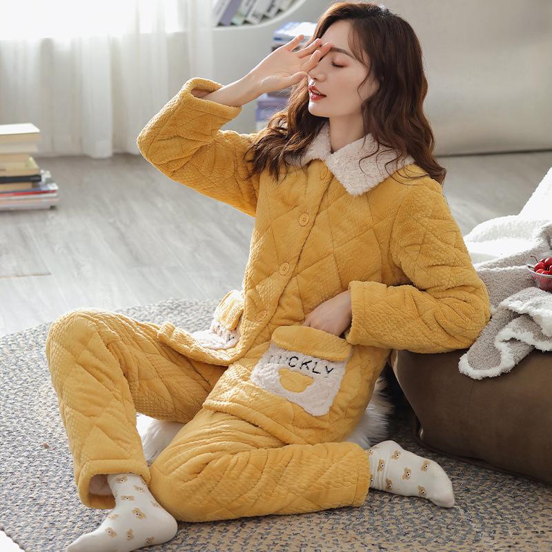 Pajamas Women'S Winter Winter Models Three-Layer Thickened Padded Coral Fleece Flannel Fleece Loungewear Large Size Warm Suit