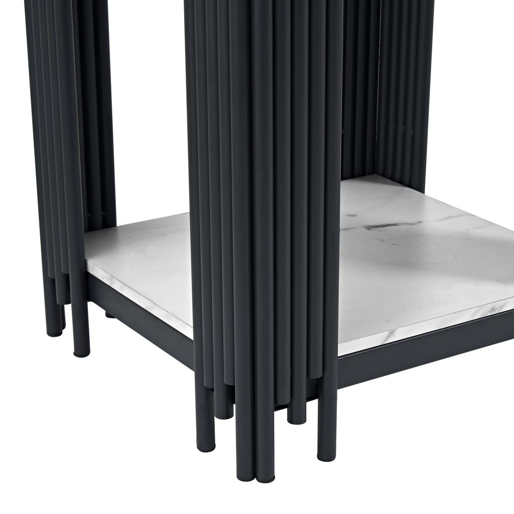 Modern nightstand with 2 shelves, black metal frame, side table in marble look, MDF, for bedroom and hallway, White and Black - H55/W43/D40 cm