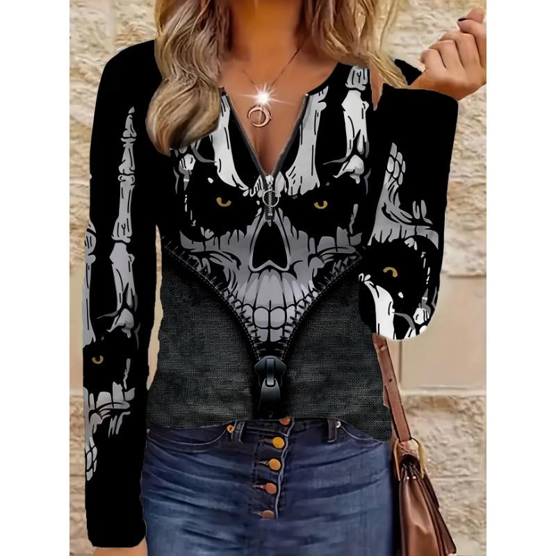Women's spring and autumn fashionable long-sleeved zipper T-shirt - 3D full body digital printing design party wear