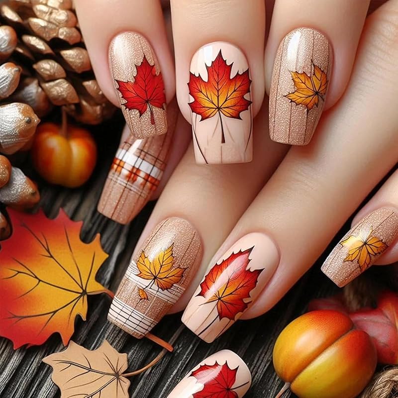 Fall Press On Nails Medium Square Fake Nails with Designs Maple Leaf Stick On Nail Thanksgiving Acrylic False Nail Bling Sequins Artificial Nail