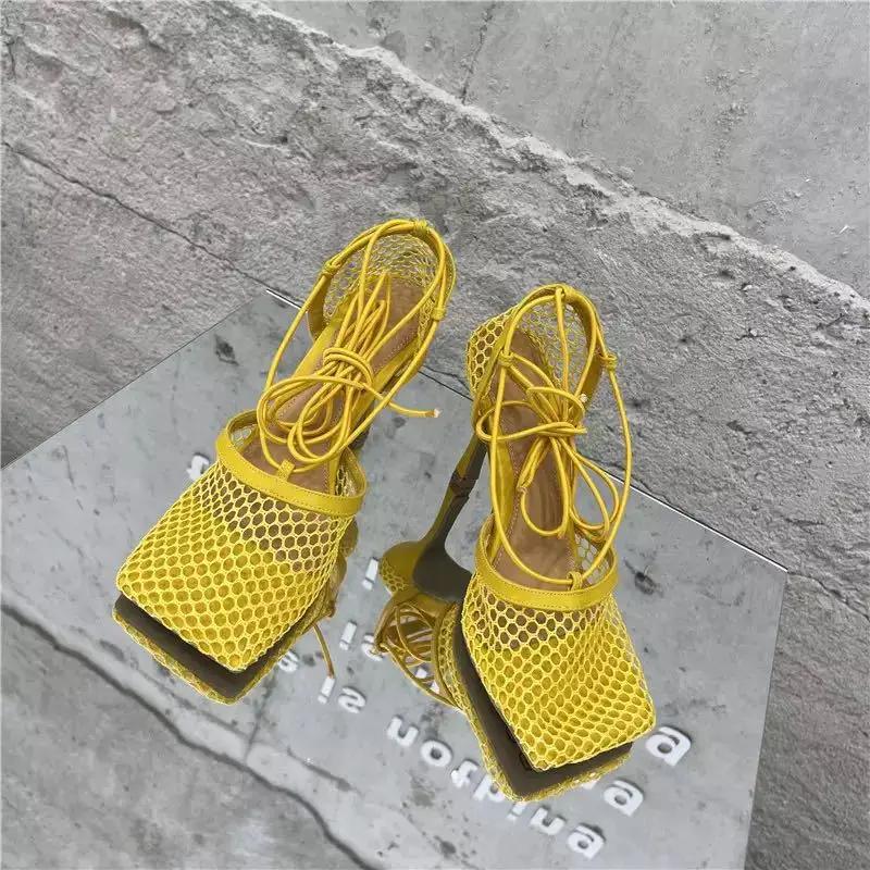 2025 Summer Sexy Mesh Pumps Sandals Female Square Toe High Heel Lace Up Cross-Tied Stiletto Hollow Dress Party Shoes 43