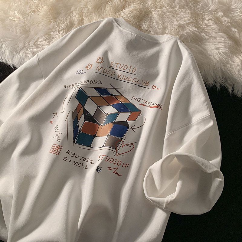 Kurzarm-T-Shirt aus Baumwolle für Damen, Kurzarm-T-Shirt aus Baumwolle mit Rubik's Cube-Print, lockerer Halbarm-Sommer