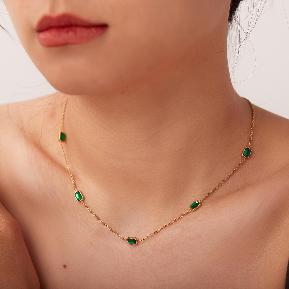 Delicate Green Cubic Zirconia Ladies Charm Elegant Stylish Stainless Steel Clavicle Necklace  Waterproof 2022 Gift