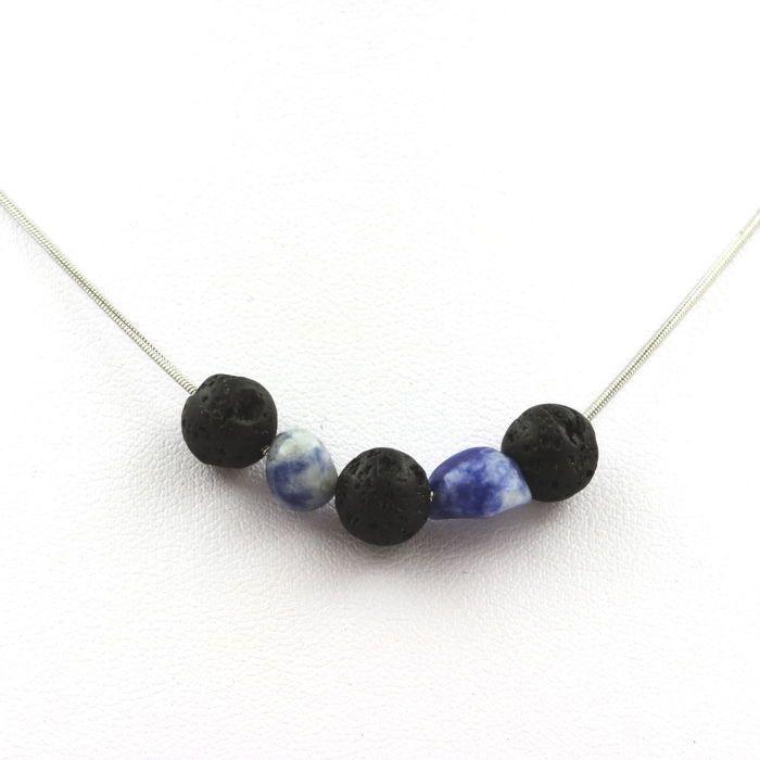 Pierres et Minéraux. Collier perles Lave 8 mm + Jaspe bleu d'Afrique du Sud Chaine en acier inoxydable.