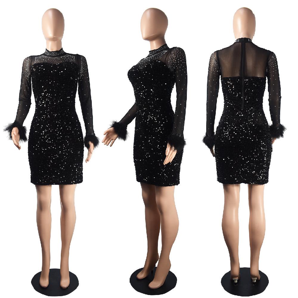 Hot Diamond Sequin Feather Skirt: European & American Long-Sleeved Party Dress