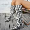 Mode Skinny im Herbst und Winter Spitzschuh Keine Kniehohen Stiefel mit Absatz Damen Spitzschuh Blockabsatz Zebradruck Hohe Stiefel