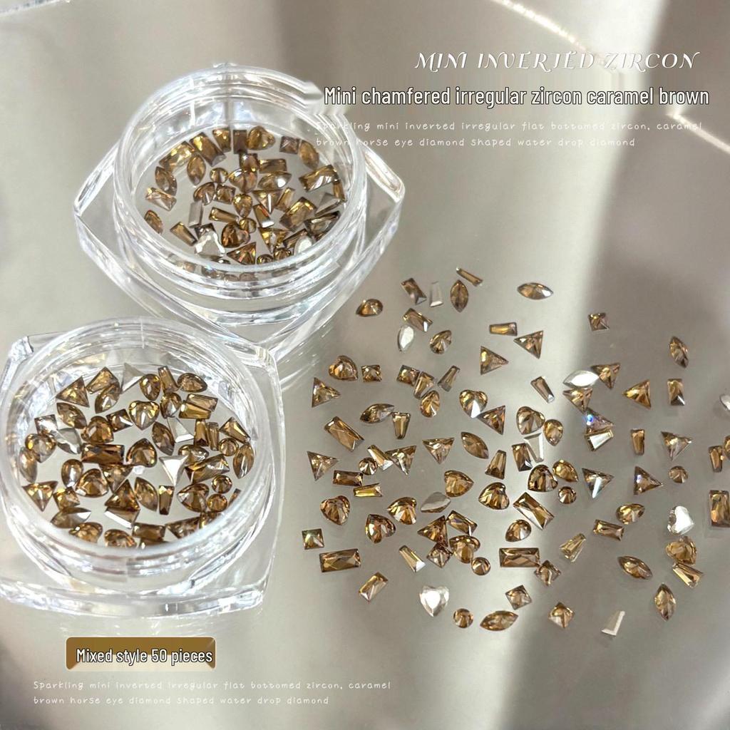 Caramel Brown Sparkling Zirconia Nail Art Decorations: Mini Marquise, Water Drop, and Heart Shapes