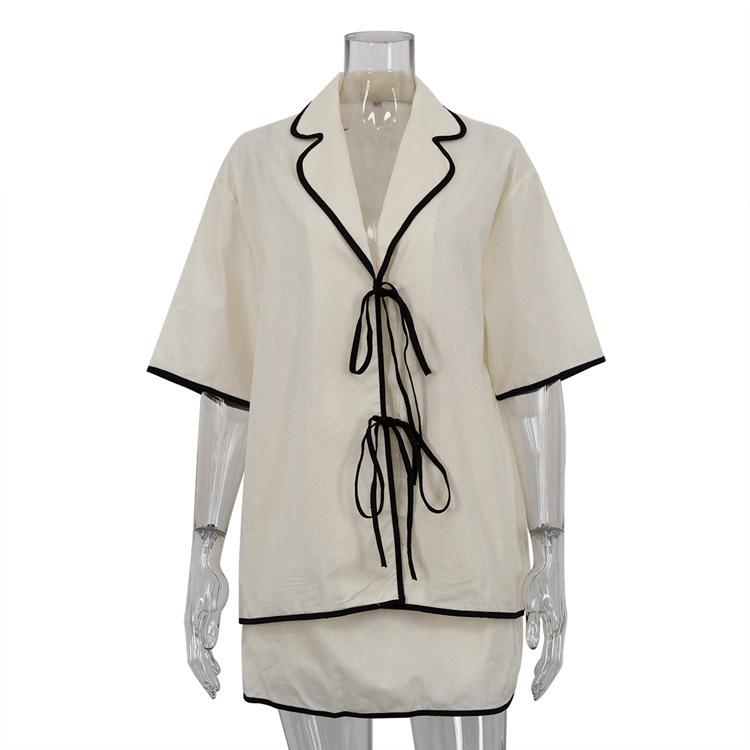 Women s Beige Short Sleeve V Neck Tie Front Top and Shorts Set S бежевый