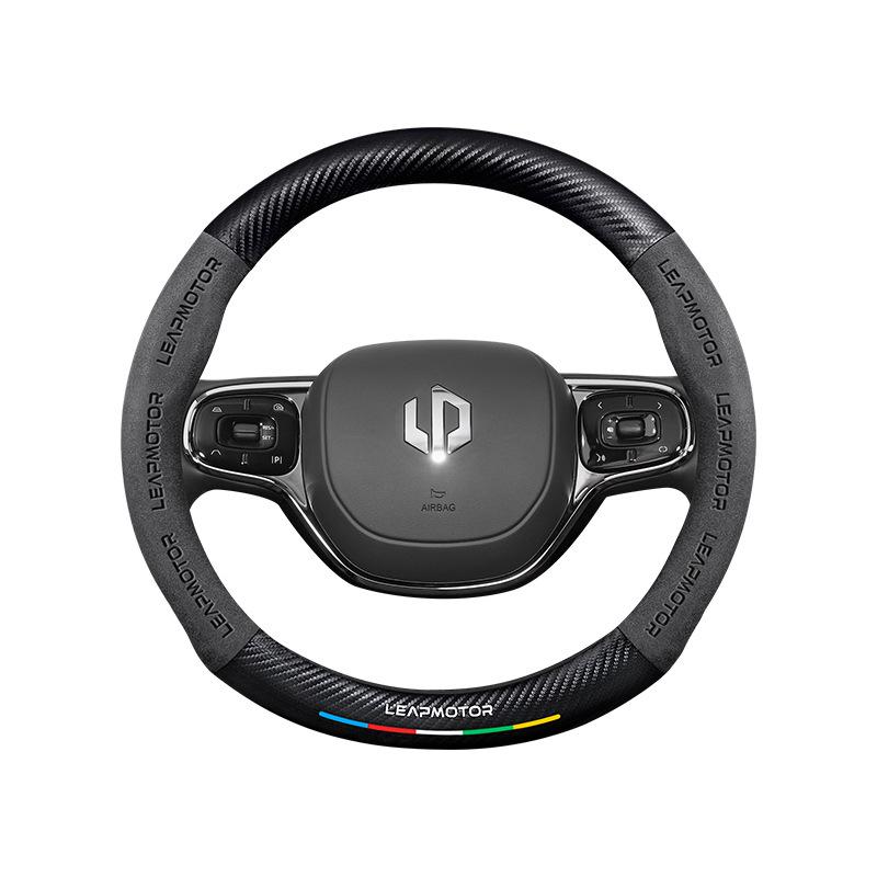 Universal Non-Slip Suede 3D Embossed Genuine Leather Steering Wheel Cover for All Seasons