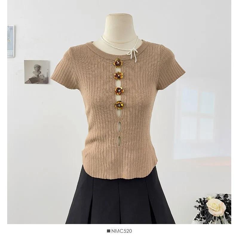 

Women s Summer 3D Flower Knit Top Short Sleeve Hollow Out Tee OneSize коричневий