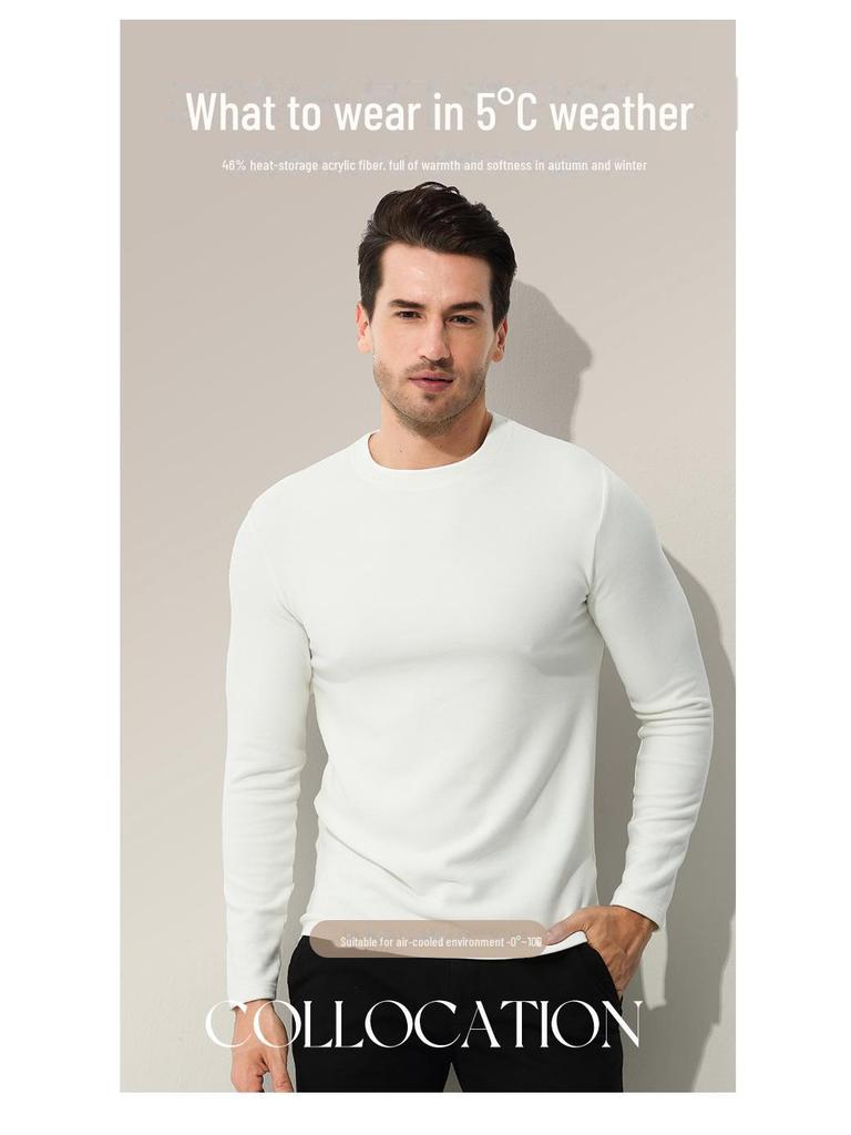 Men's Warm Double-Faced Fleece Tencel Top: Thickened, Velvet, Round-Neck, Solid Color, Perfect for Autumn and Winter.