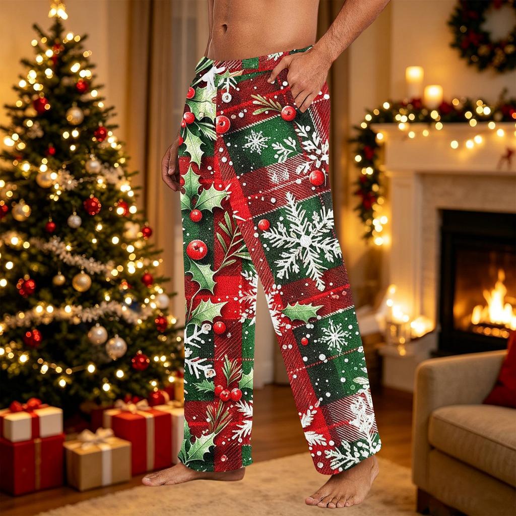 Men's Sleep Pants with Christmas Print, Cozy Casual Pajama Bottoms for Winter