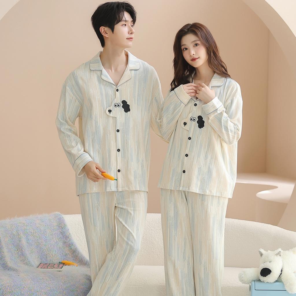 New long-sleeved trousers pure cotton couple pajamas can be worn outside cartoon loose casual men and women pajamas set cotton