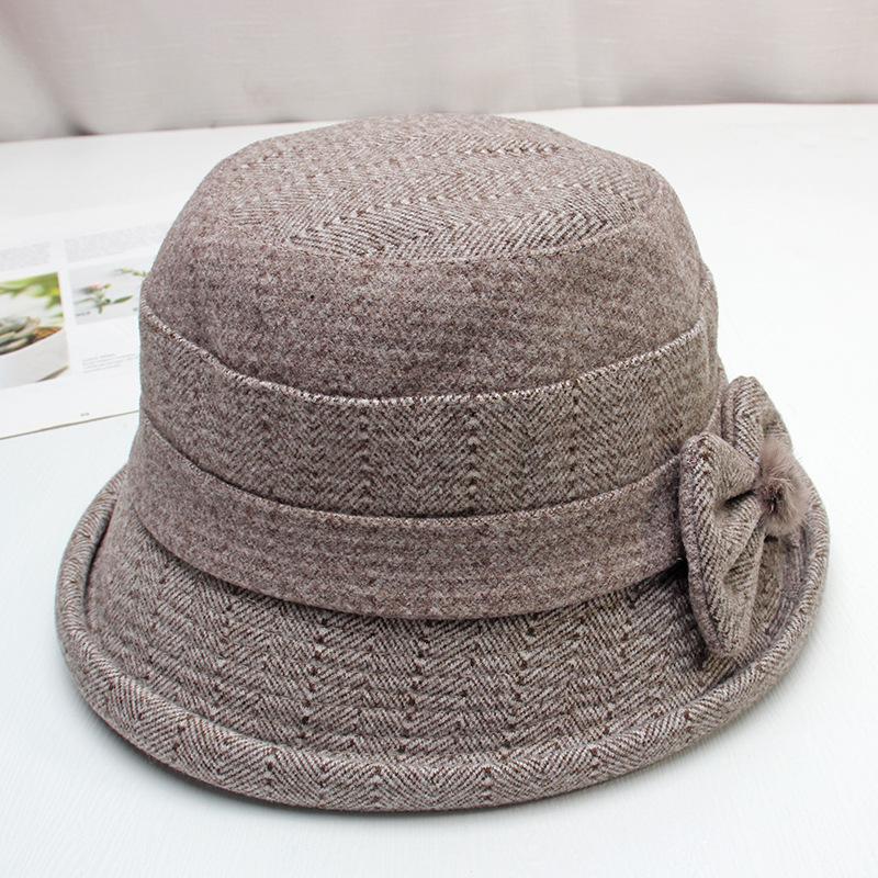 Middle-aged and Elderly Hat Lady Autumn and Winter Warm Woolen Bucket Hat Mother Grandma Old Lady Hat Bow Basin Hat