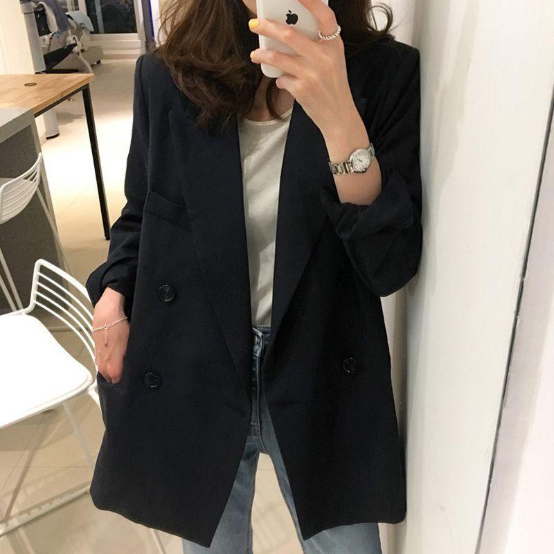 Chic 2025 Women's Loose Black Suit Coat - British Style, Korean-Inspired, Casual Professional Fashion