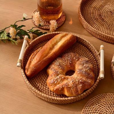 1 pezzo, Cesto, Vassoio da portata in vimini fatto a mano, Piatto da frutta in rattan e sottobicchiere termoisolante, Decorazione rustica da fattoria, Rotondo con manici, Varie dimensioni