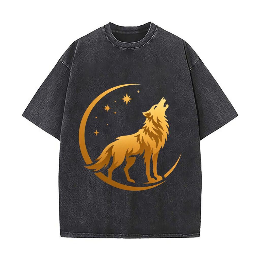 Celestial Wolf Crescent Emblem Graph Daily Commute Vintage Distressed T Shirt Loose Washed Sleeve