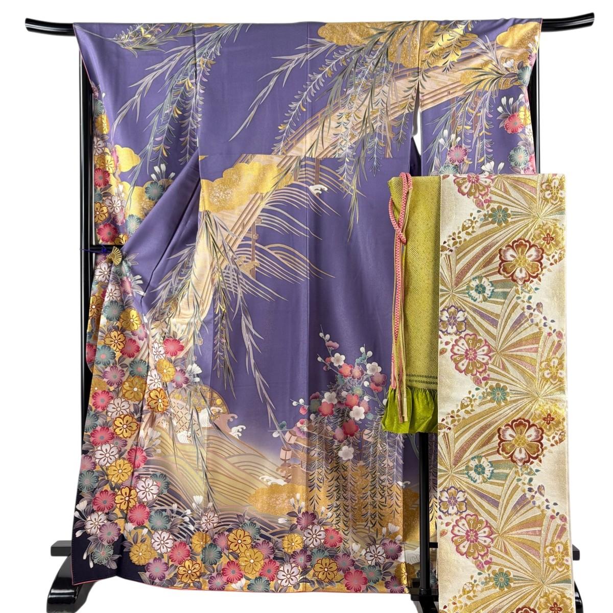 

[Good condition] Furisode, length 169cm, sleeve length 67.5cm, L sleeve, full set of obi, signature, bridge, cherry blossoms, silver thread, gold