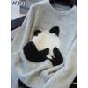 Women's Korean Style Panda Embroidery Cashmere Knitwear: Loose, Drop Shoulder, Round Neck Sweater for Autumn/Winter.