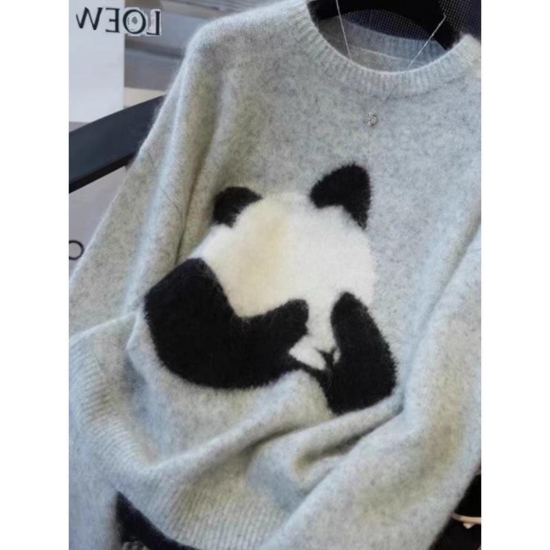 Women's Korean Style Panda Embroidery Cashmere Knitwear: Loose, Drop Shoulder, Round Neck Sweater for Autumn/Winter.