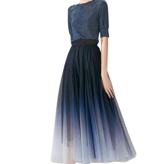 Elegant Tulle Maxi Skirt Women High Waist Gradient Color Pleated Skirt Elastic Waist Loose Casual A Line Skirt