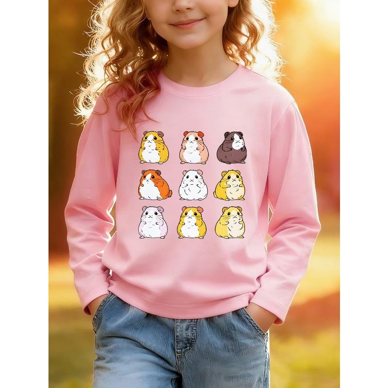 European sizes Kids Casual Sports Long Sleeve T-Shirt Front Cartoon Printed with Multiple Cute Hamster Patterns in 3X3 Grid Skin-Friendly Soft