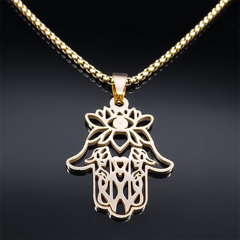 Lotuse Hand Of Fatima Pendant Necklace for Women Men Stainless Steel Lucky Egyptian Hamsa Greek Eye Chain Necklaces Jewelry