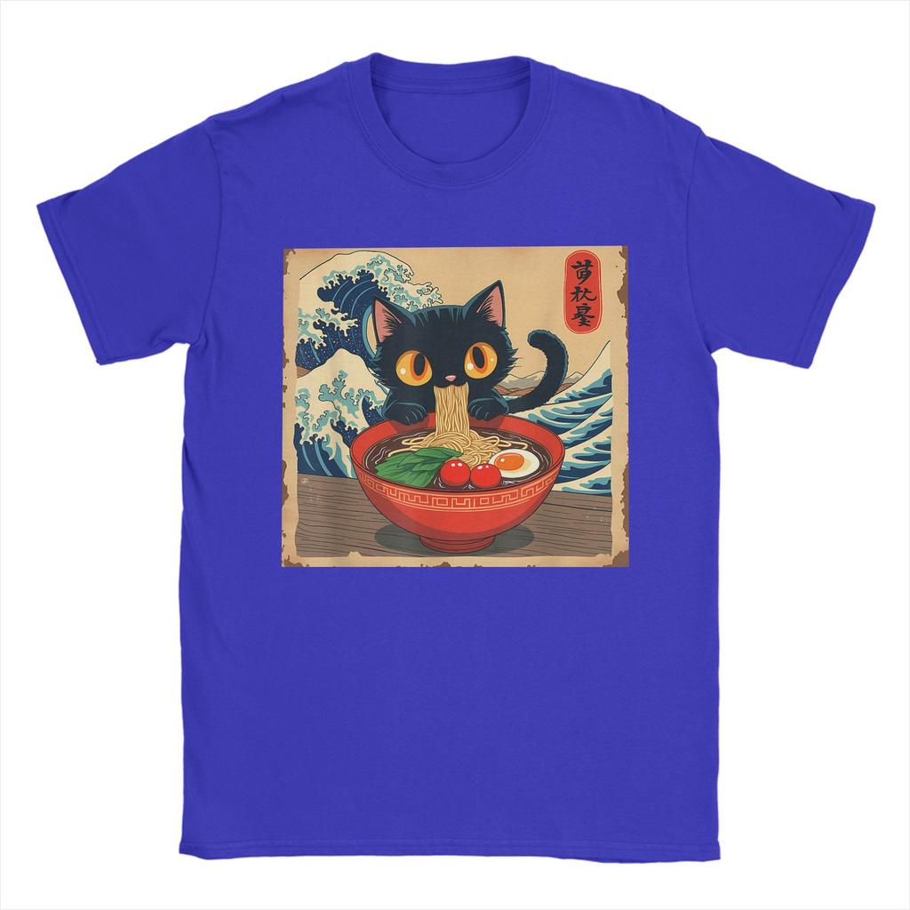Men T-Shirt Japanese Black Cat Ramen Creative 100% Cotton Tee Shirt Short Sleeve Kawaii Noodle Cat T Shirt Round Neck