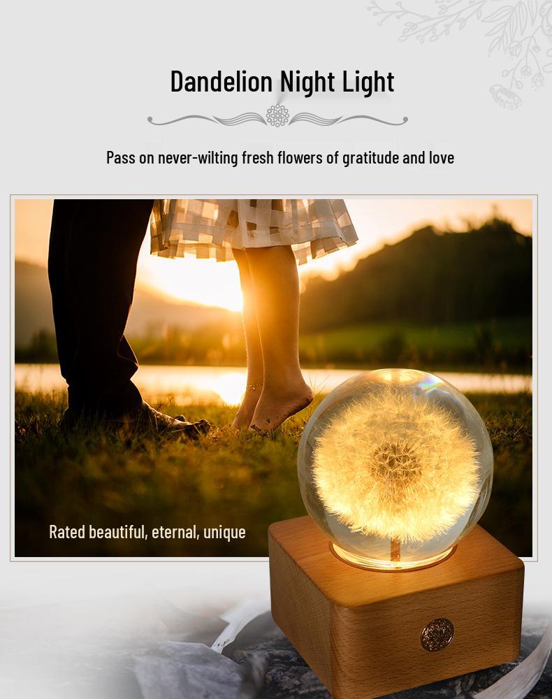 Dandelion Preserved Flower Night Light - Wooden Crystal Ball for Christmas & Birthday Gifts
