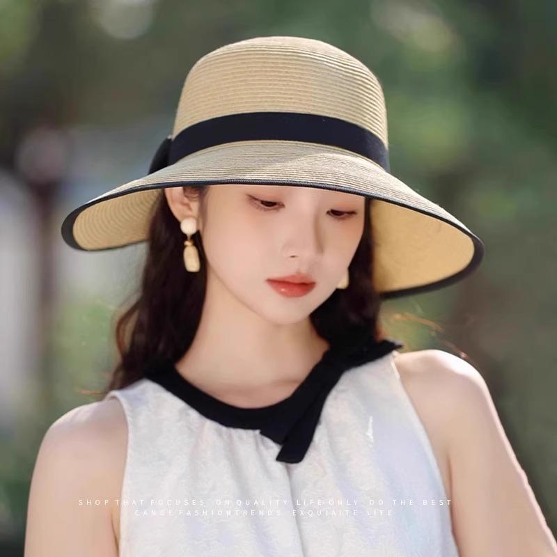 Straw hat women's new sun hat beach hat bow summer eaves UV protection sun hat