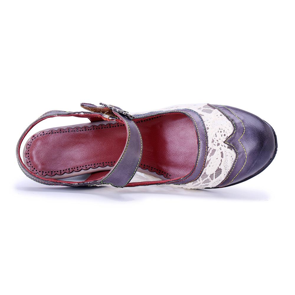 Johnature Women's Shoes Genuine Leather Retro Splicing Lace Comfortable Middle Heel Sandals