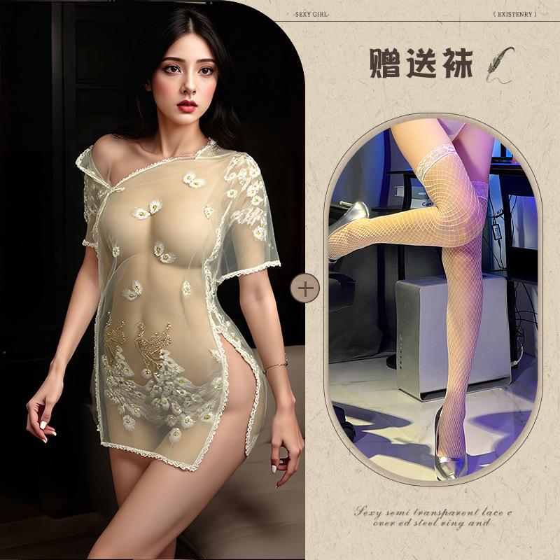 Embroidery embroidery erotic underwear sexy perspective temptation pure desire pajama set Republic of China cheongsam set