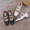 2024 new square head rhinestone buckle with thick heel Mary Jane patent leather single shoes women's wedding shoes with shallow mouth
