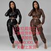 Women's Loose Fit PU Leather Two Piece Tracksuit Long Sleeve Lapel Crop Jacket High Waist Cargo Jogger Pants Streetwear Matching Set