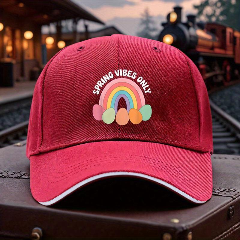 Spring Vibes Only Rainbow Easter Eggs Baseball Cap Adjustable Breathable Polyester Casual Hat for Adults One Size