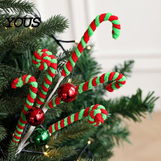 Xmas Tree Decoration Christmas Candy Cane Pick, Red White Green Plush Stem, Decorative Props Branch for Vase Filler, Wreath, Filler